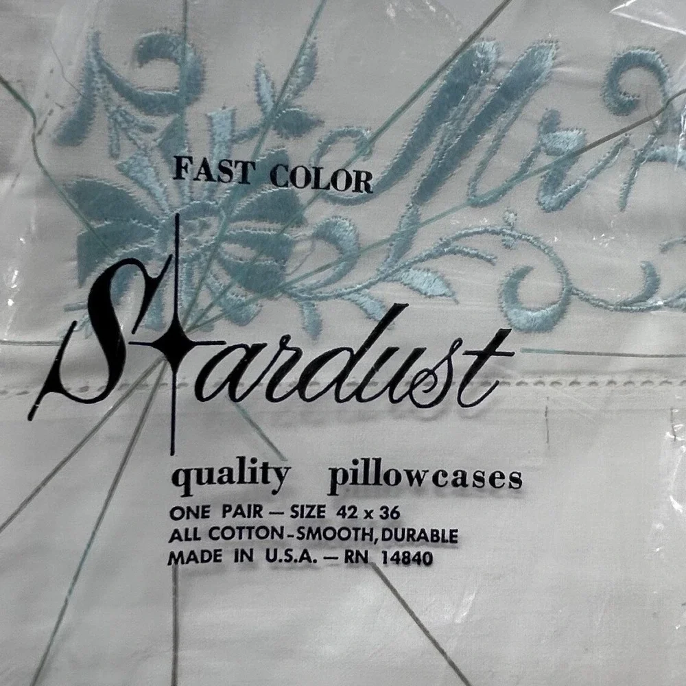 Vintage Stardust Mr‎ and Mrs Embroidered Pillowcases White Blue Set of 2 NOS